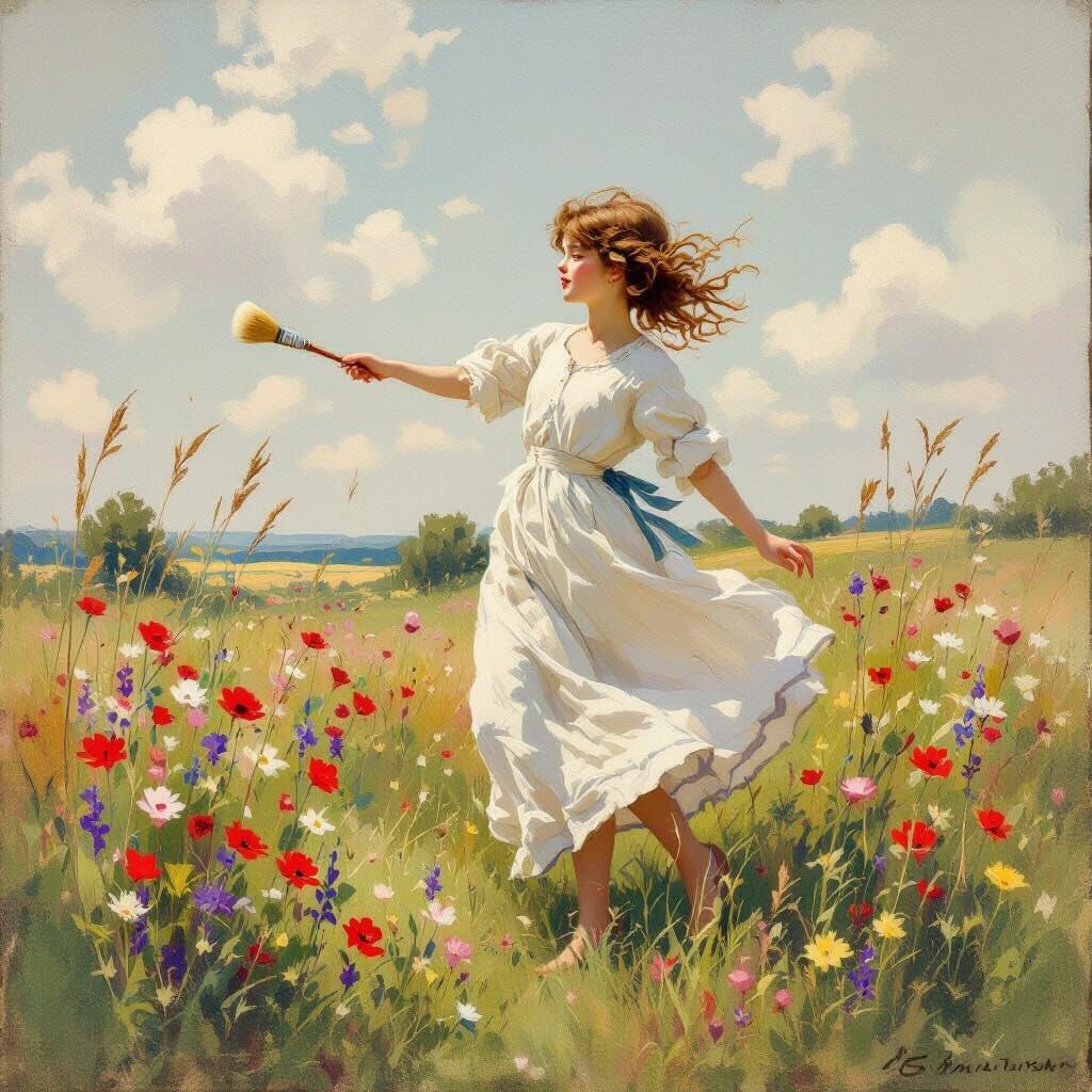 Dancing Brush on Wind, Impressionist-Style Painting
