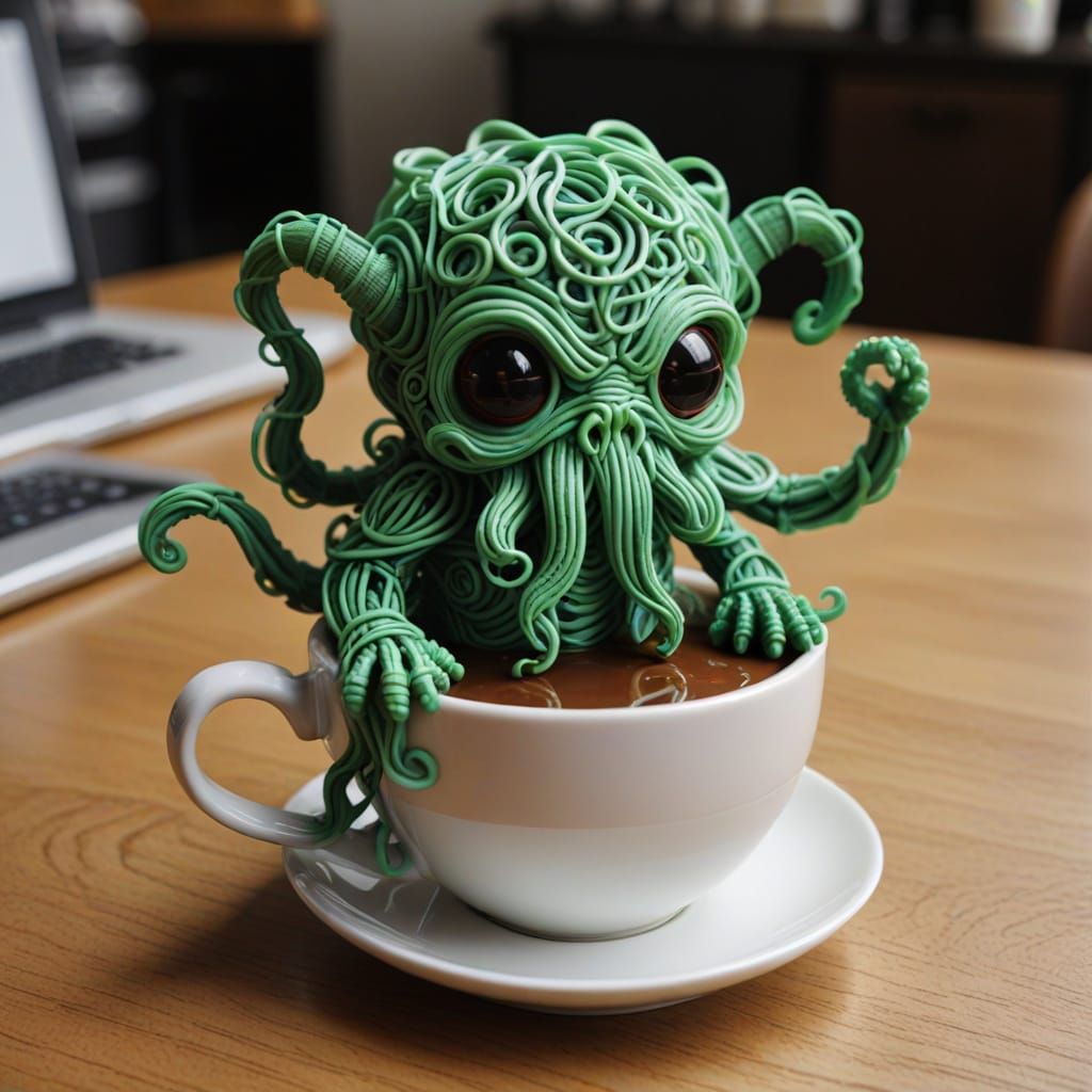 Wire Chibi Cthulhu Rises From Coffee Cup