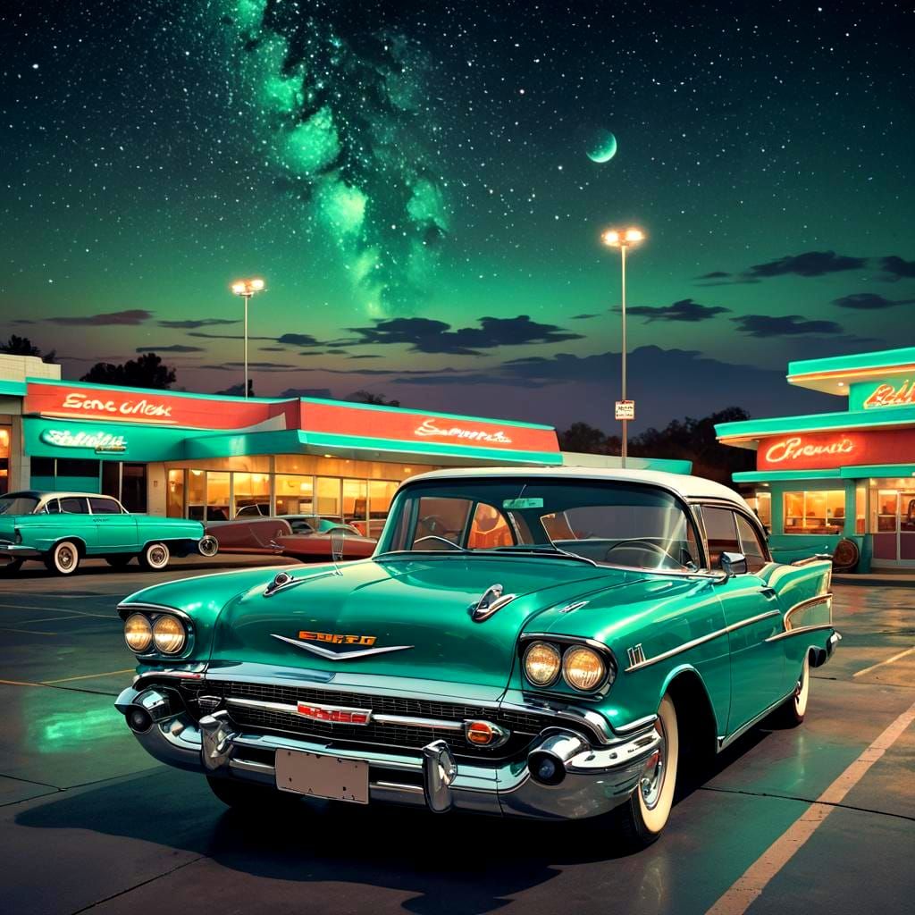 Teal 1957 Chevy Bellaire at Sonic on Starry Night