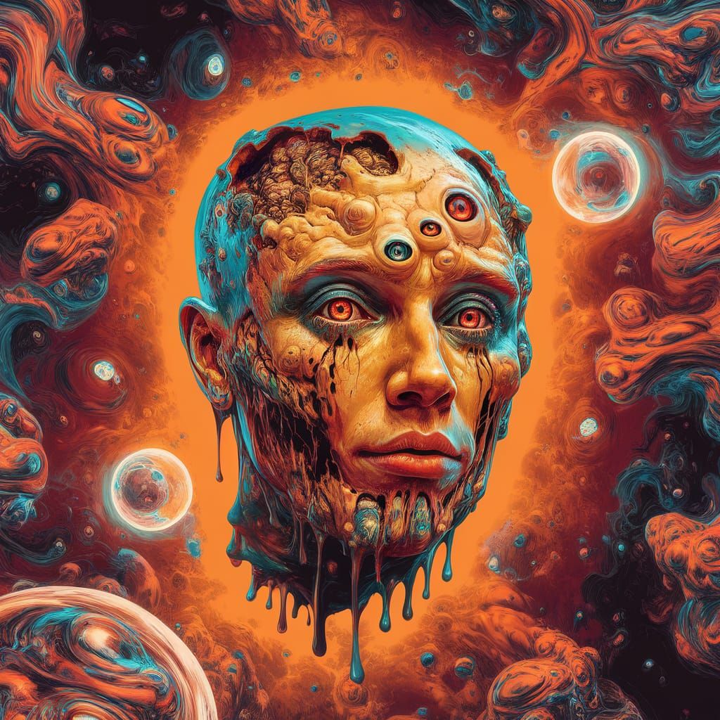 Psychedelic Melting Head with Swirling Orbs
