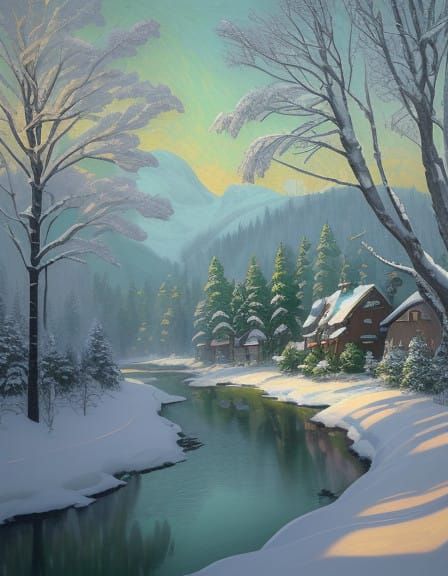 Winter Wonderland Scene in Vibrant Impasto Style