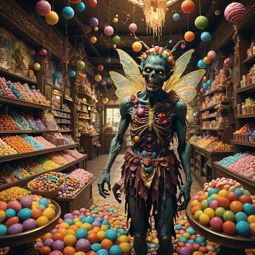 Zombie Fairy in Candy Shop: Dark Fantasy Digital Art