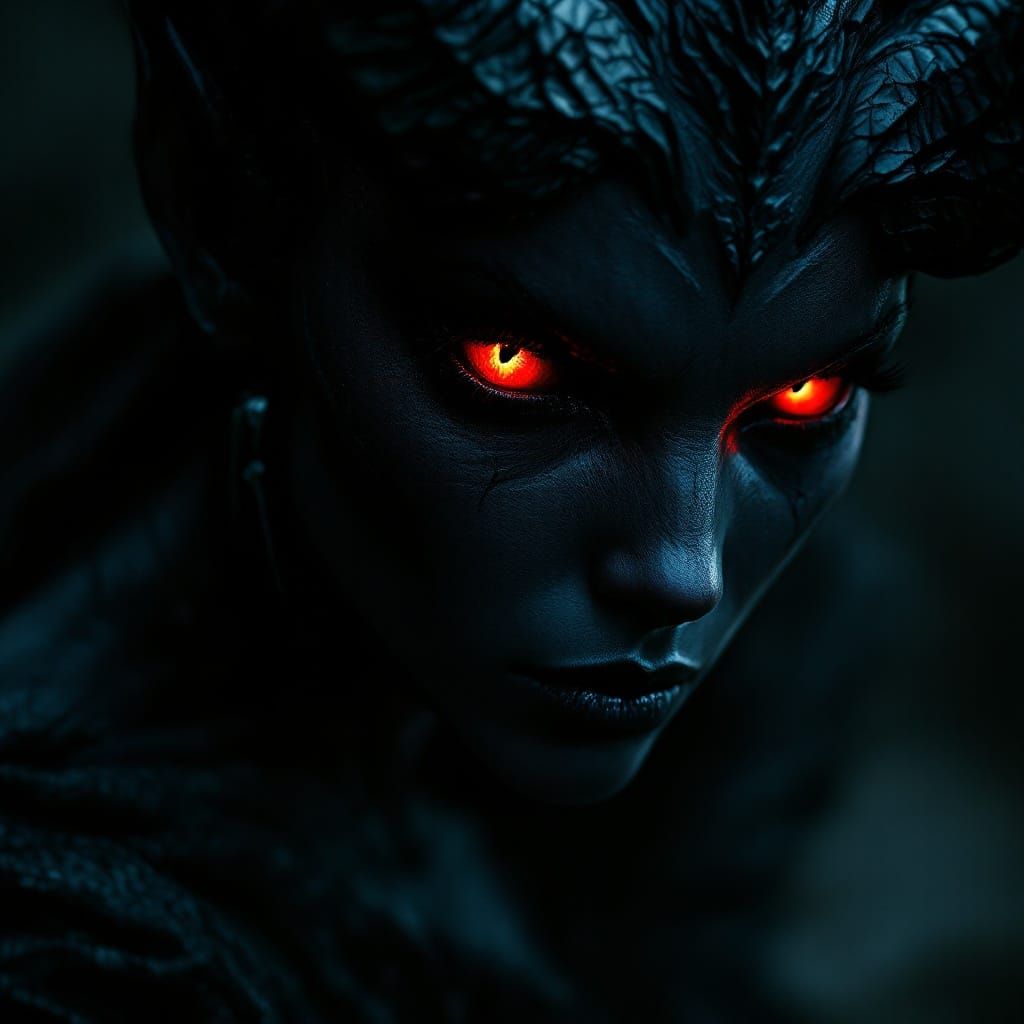 Dramatic Demoness Portrait with Fiery Eyes