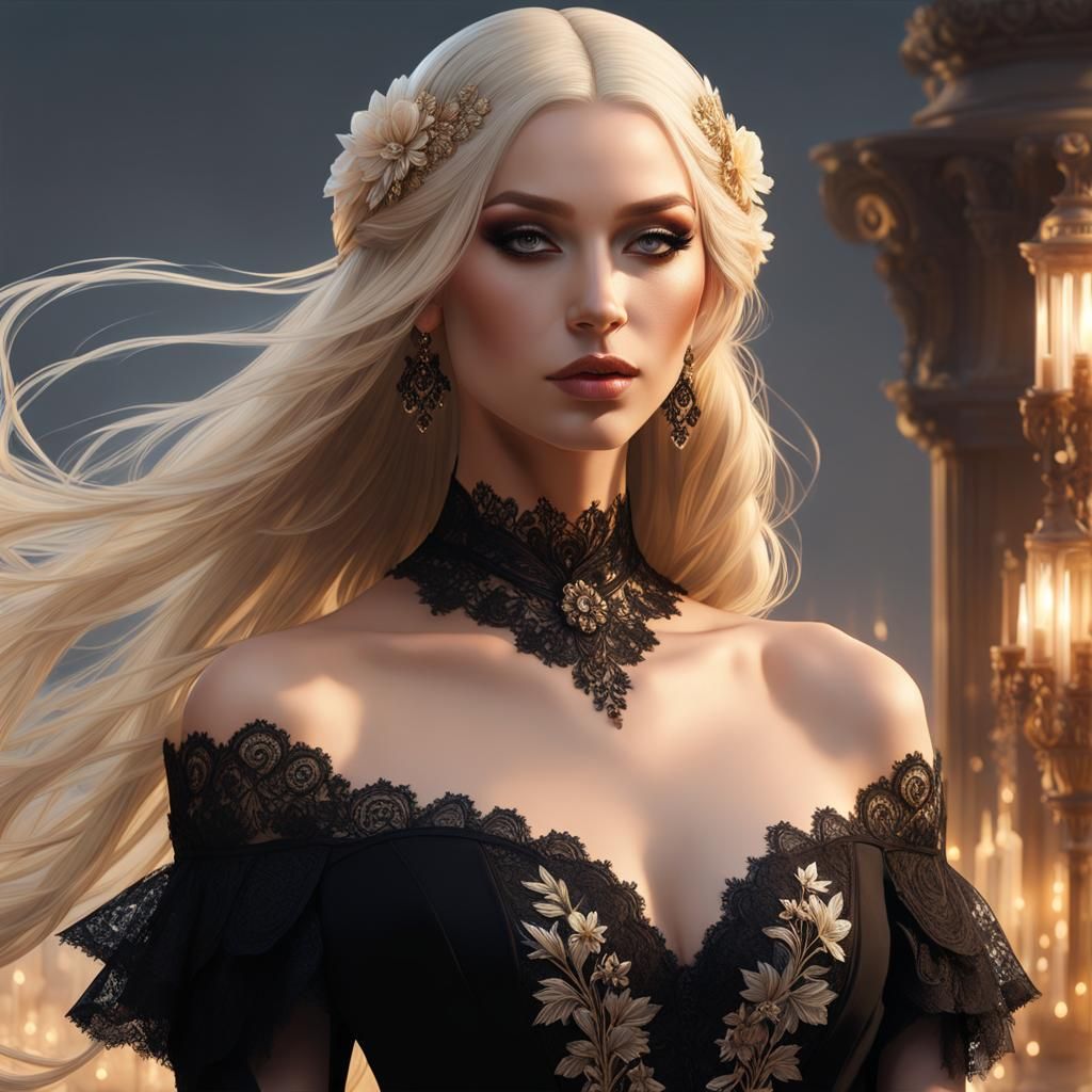 Elegant Woman in Black Lace Dress: Digital Art