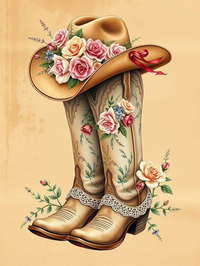 Floral Cowgirl Boots and Hat in Watercolor Style