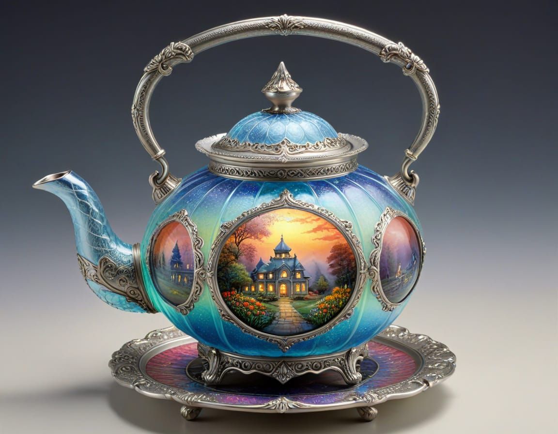 Ornate Silver Filigree Teapot in 3D Stained Glass Style