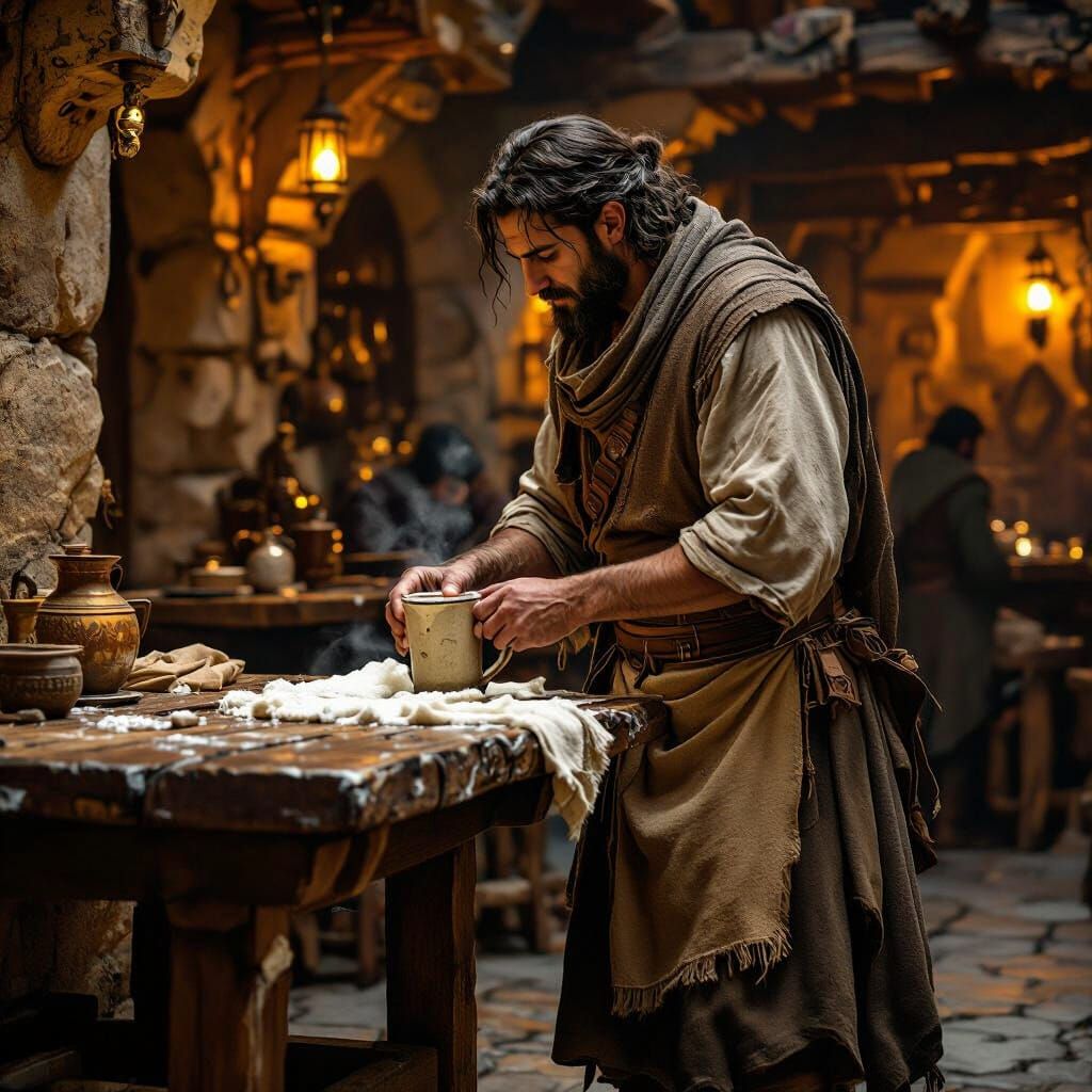 Medieval Tavern Scene with Middle Eastern Man