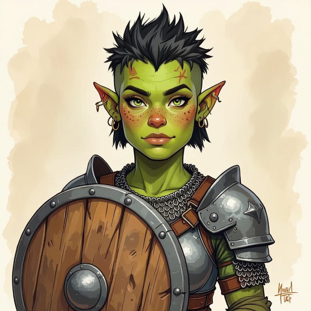 Female Orc Warrior in Pencil Sketch Style