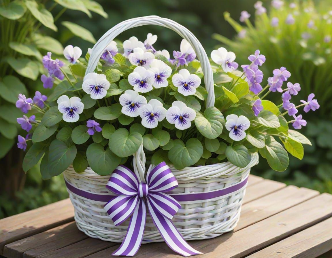 Vibrant Purple Violets in a Wicker Basket, Set Against a Ser...