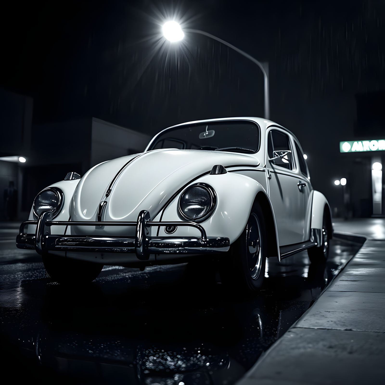 1960s VW Beetle in Black and White Night