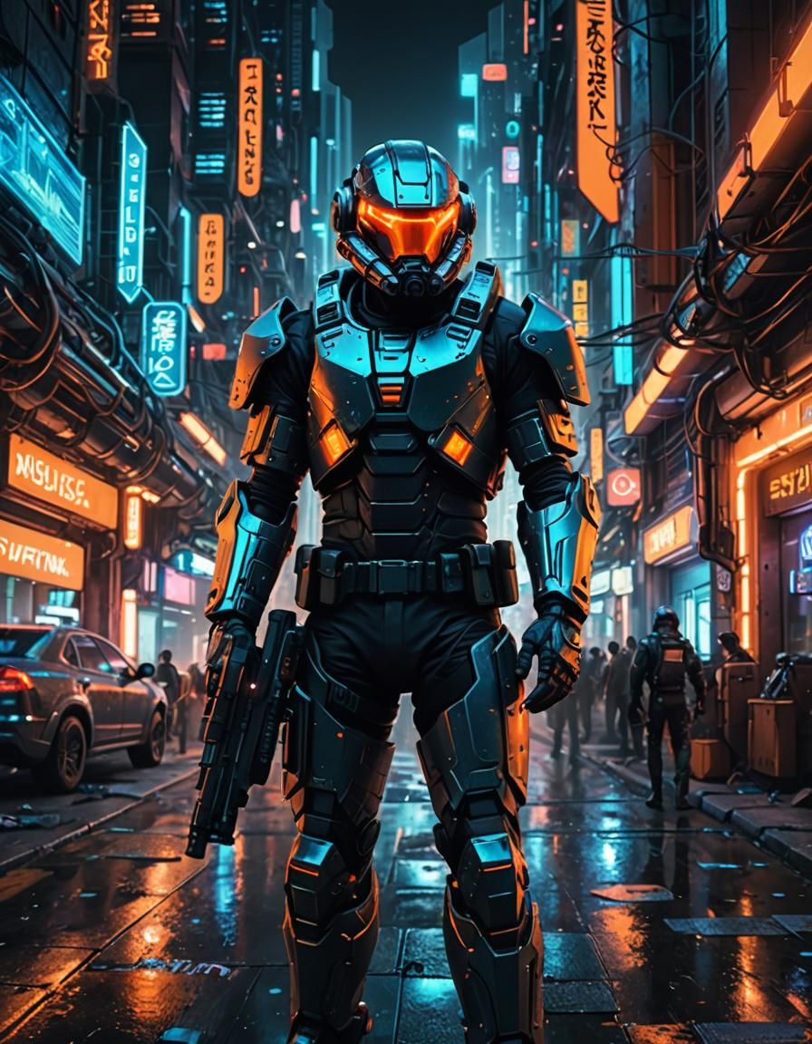 Surreal Cyberpunk Space Cop Patrols Vibrant Cityscape