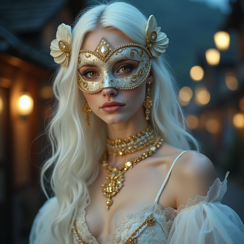 Stunning Woman with Masquerade Mask in Photorealistic Style