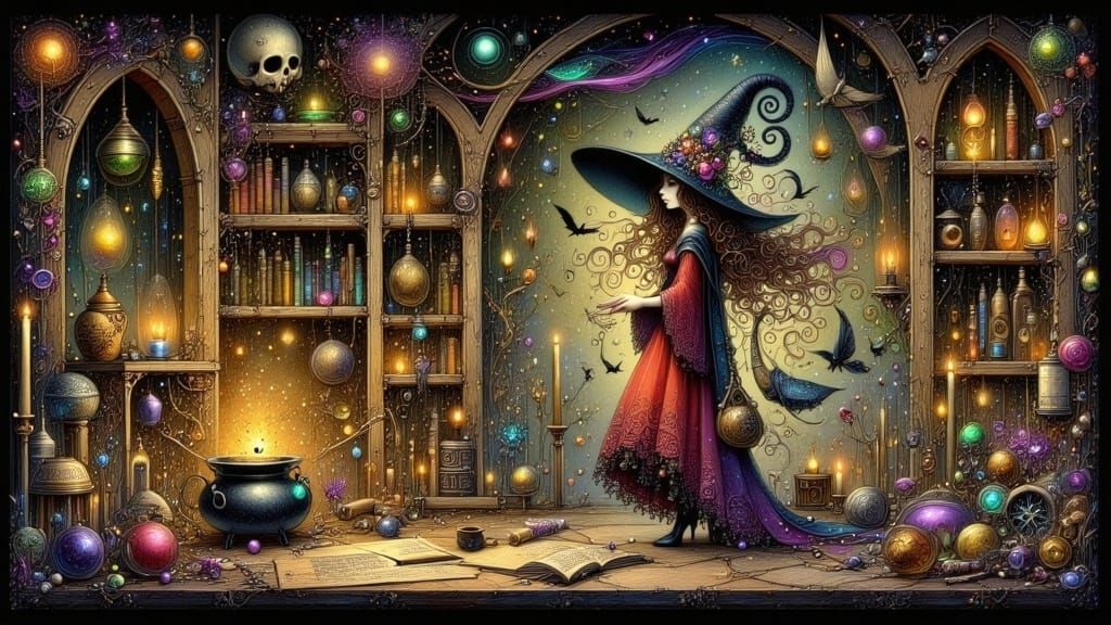 Red Witch in Secret Lair with Cauldron