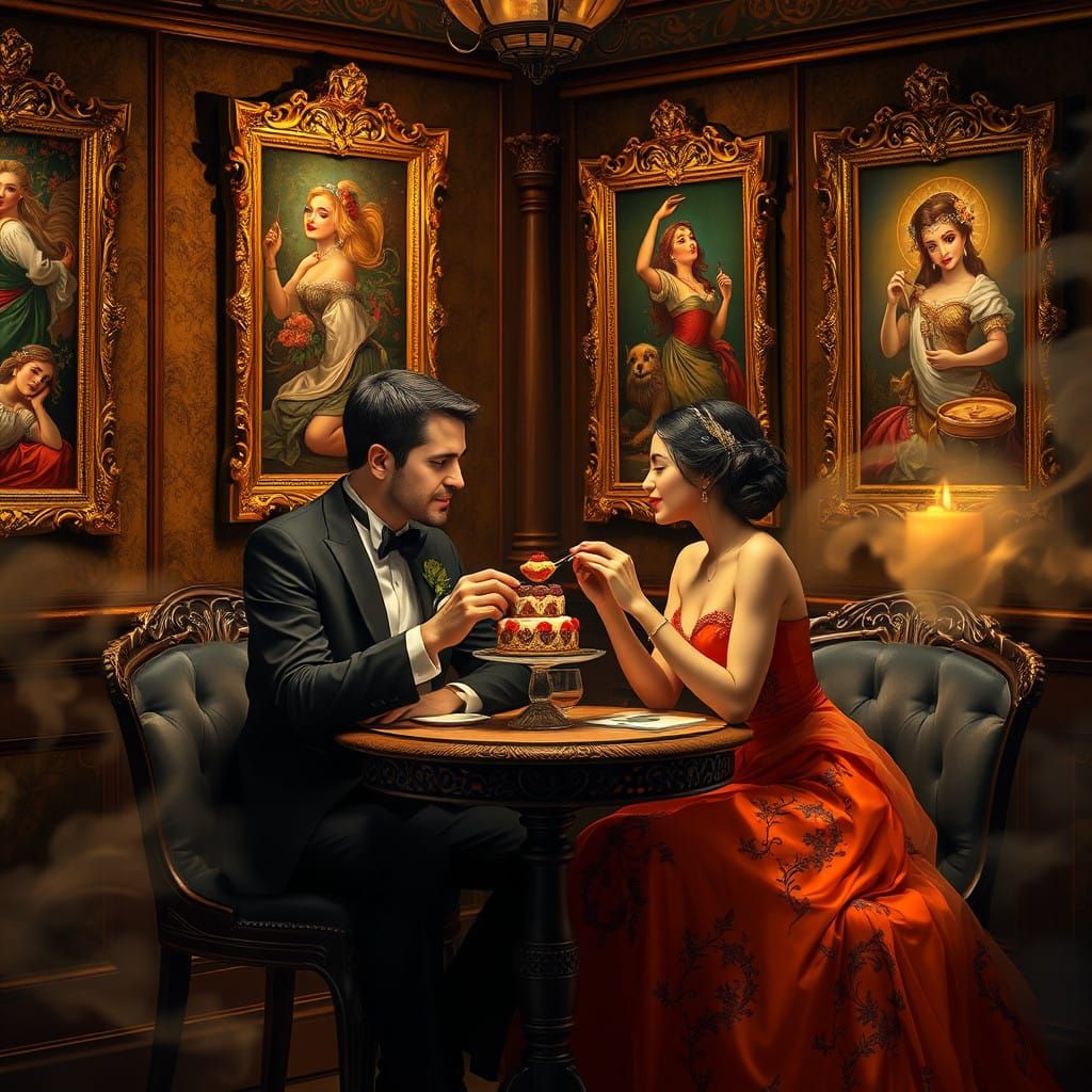 Formal Couple Indulges in Dessert Amidst Framed AI Art