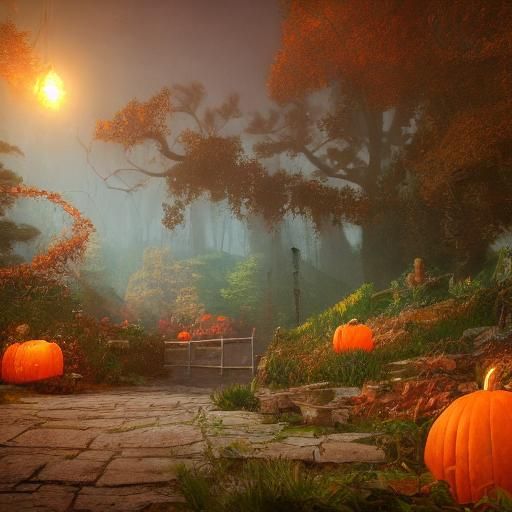 Whimsical Autumn Night: Glowing Jack-o'-Lanterns in Oil Pain...