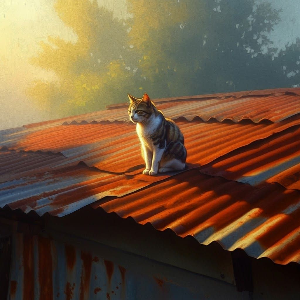 Cat on Tin Roof in Warm Summer Light