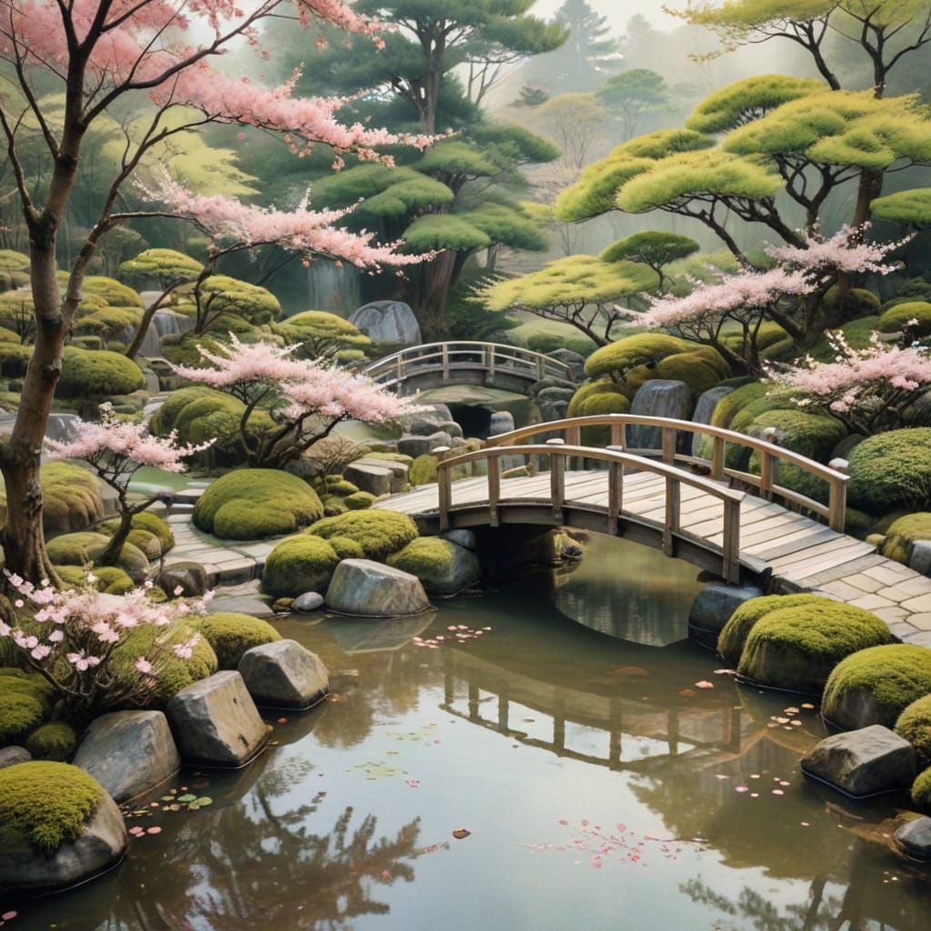 Japanese Watercolor Landscape of Tranquil Zen Garden