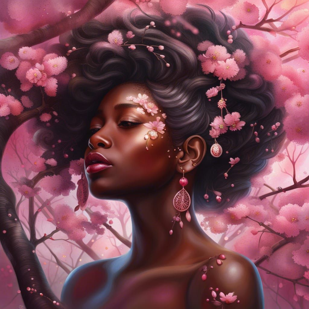 Cherry Blossom Woman Portrait in Hyperrealistic Style