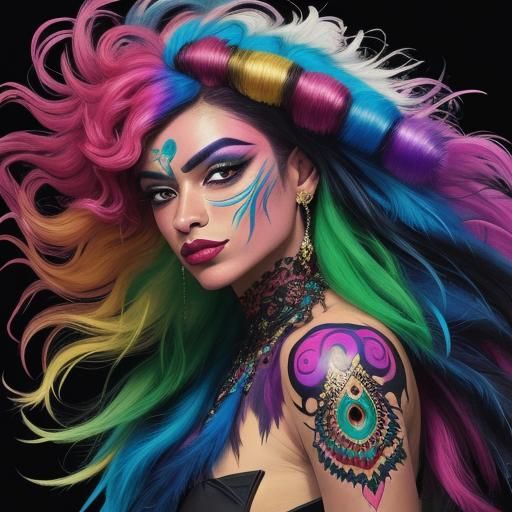 Fauvist Woman with Rainbow Skin and Feathers