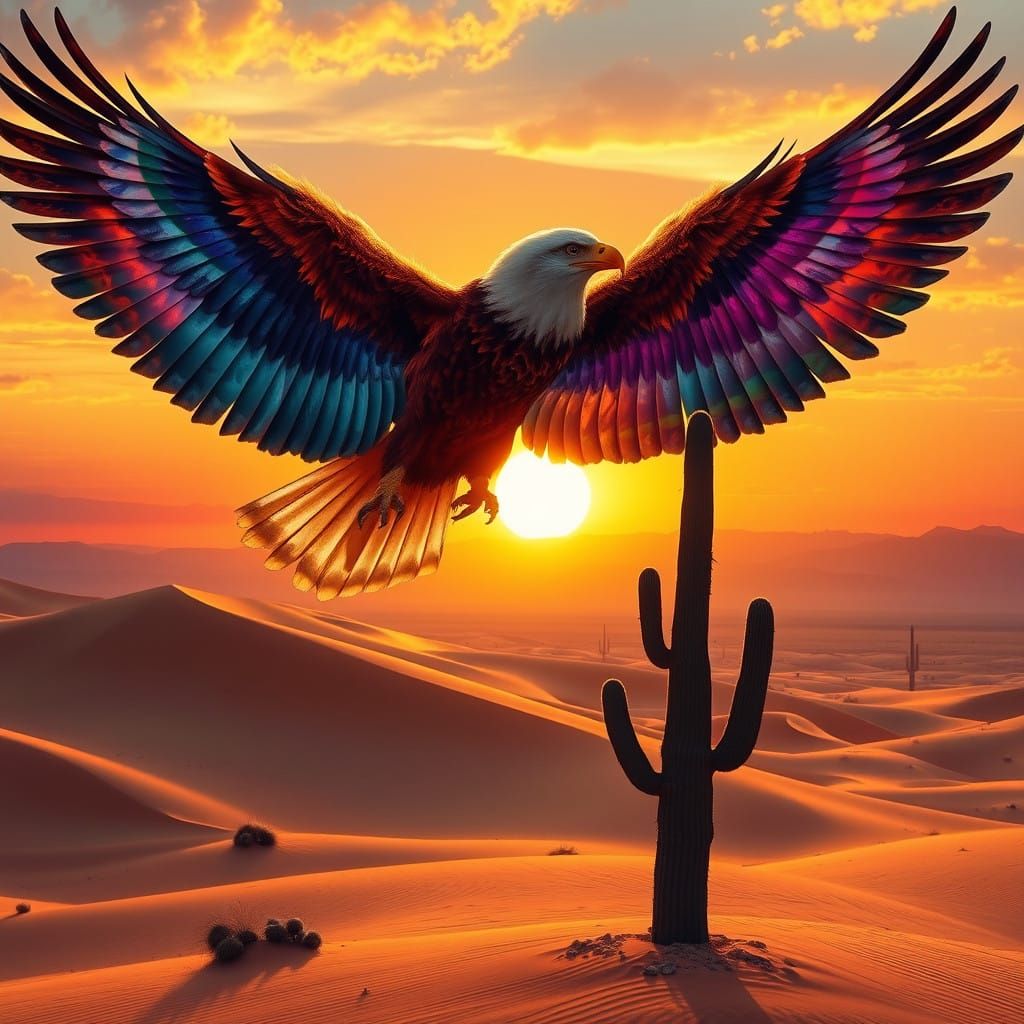 Majestic Eagle in Ethereal Flight, Desert Landscape in Vibra...