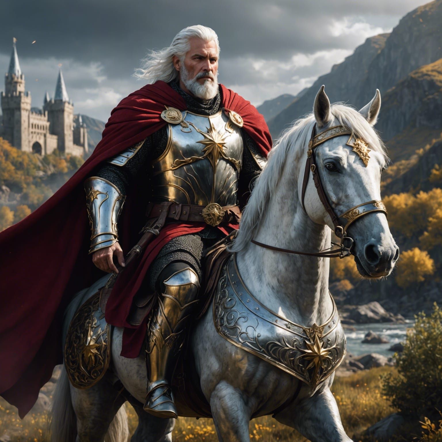 Warrior with White Hair on Golden Horse