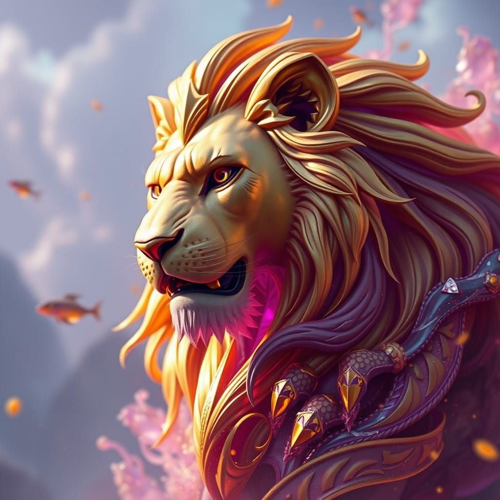 Magnificent Amethyst and Gold Lion in Vibrant Fantasy Landsc...