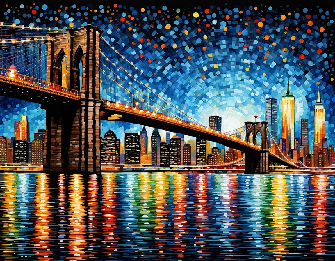 Brooklyn Bridge Kinetic Pointillism in Afremov Style