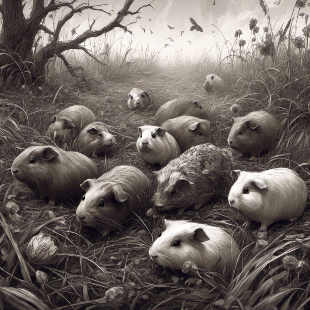 Guinea Pigs in Field: Black and White Ink Drawing