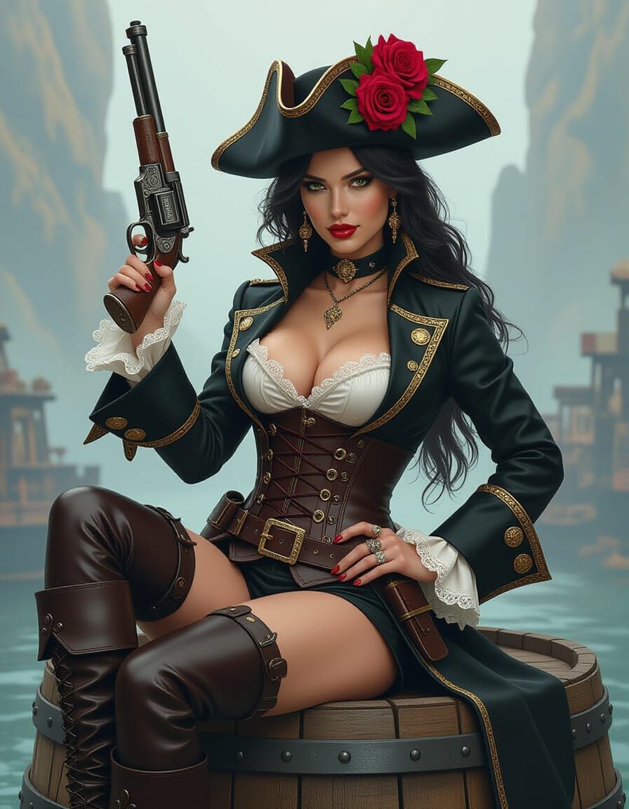 Seductive Pirate Captain with Flintlock Pistol