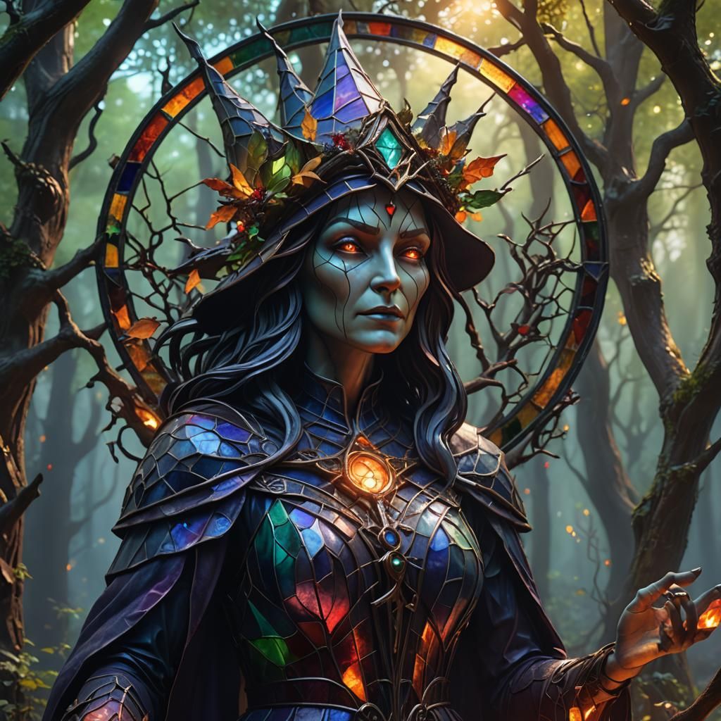 Stained-Glass Witch Statue in Mystical Forest