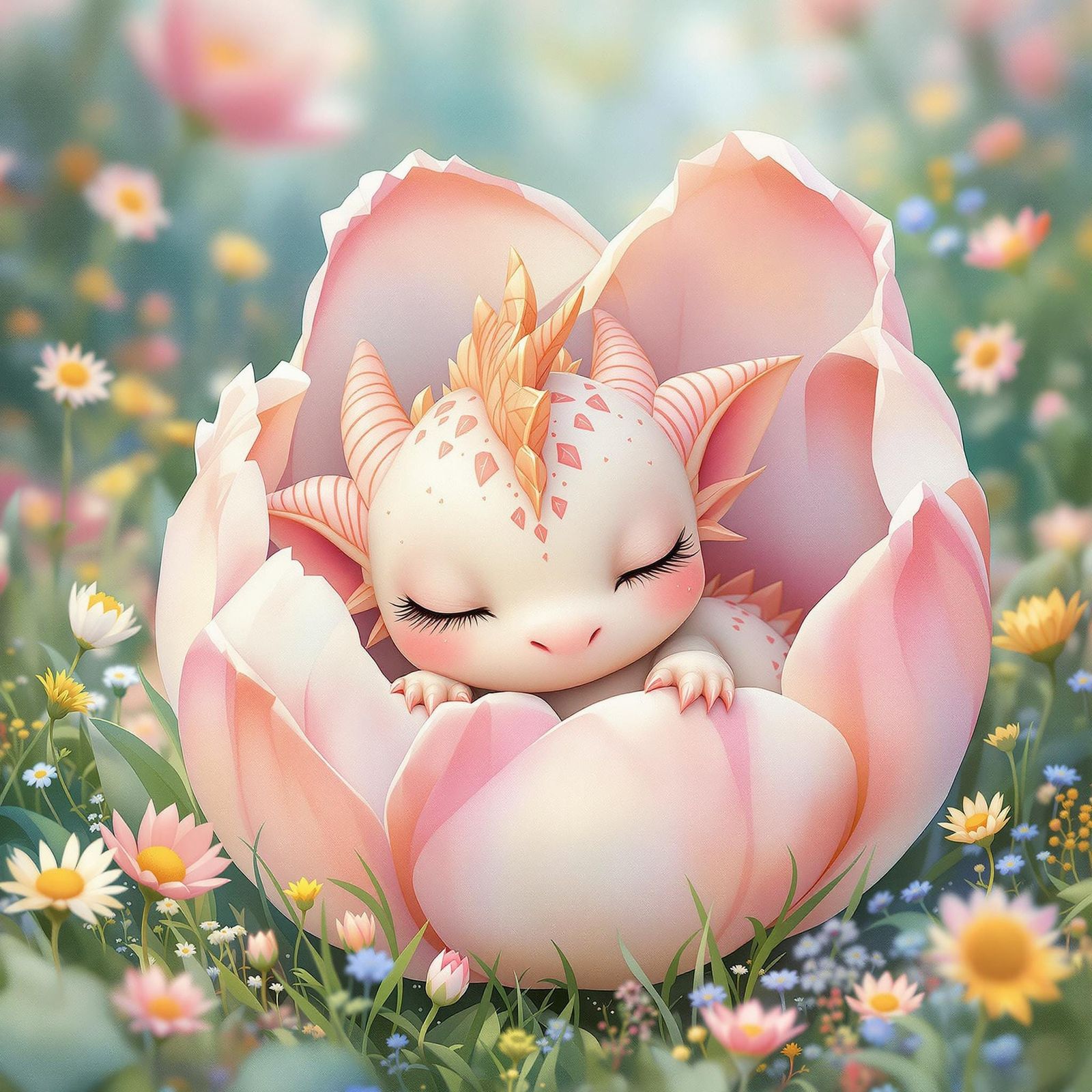 Dragon Hatchling Napping in Flower, Storybook Illustration