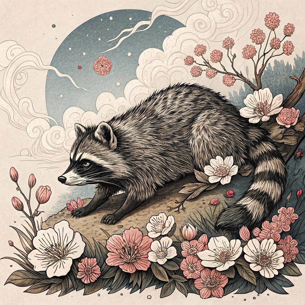 Woodcut Raccoon Amidst Cherry Blossoms in Ukiyo-e Style