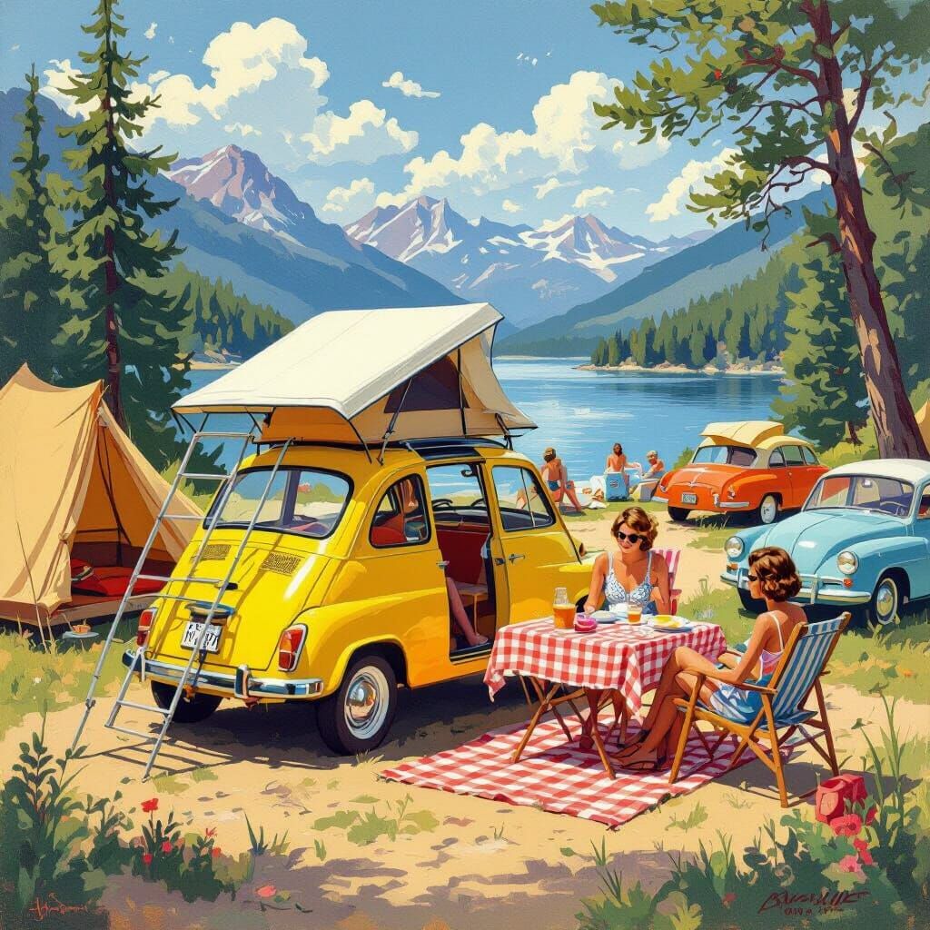 1960s Campsite Scene with Vintage Fiat and Lake