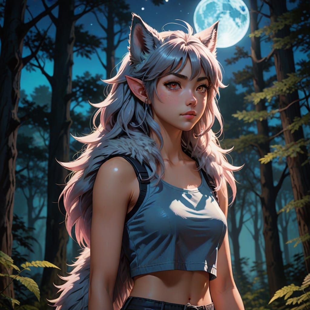 Confident Teenage Girl Werewolf in Pastel Anime Style