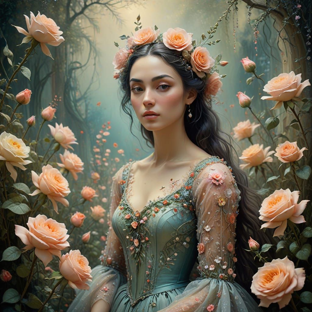 Surreal Portrait of a Woman in a Floral Wonderland