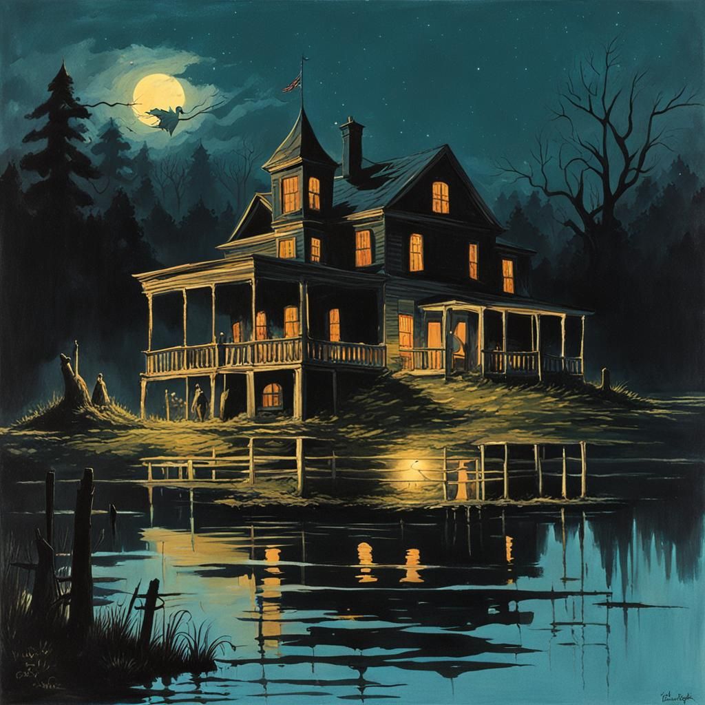 Sinister Haunted House by Lake at Night, 1970s