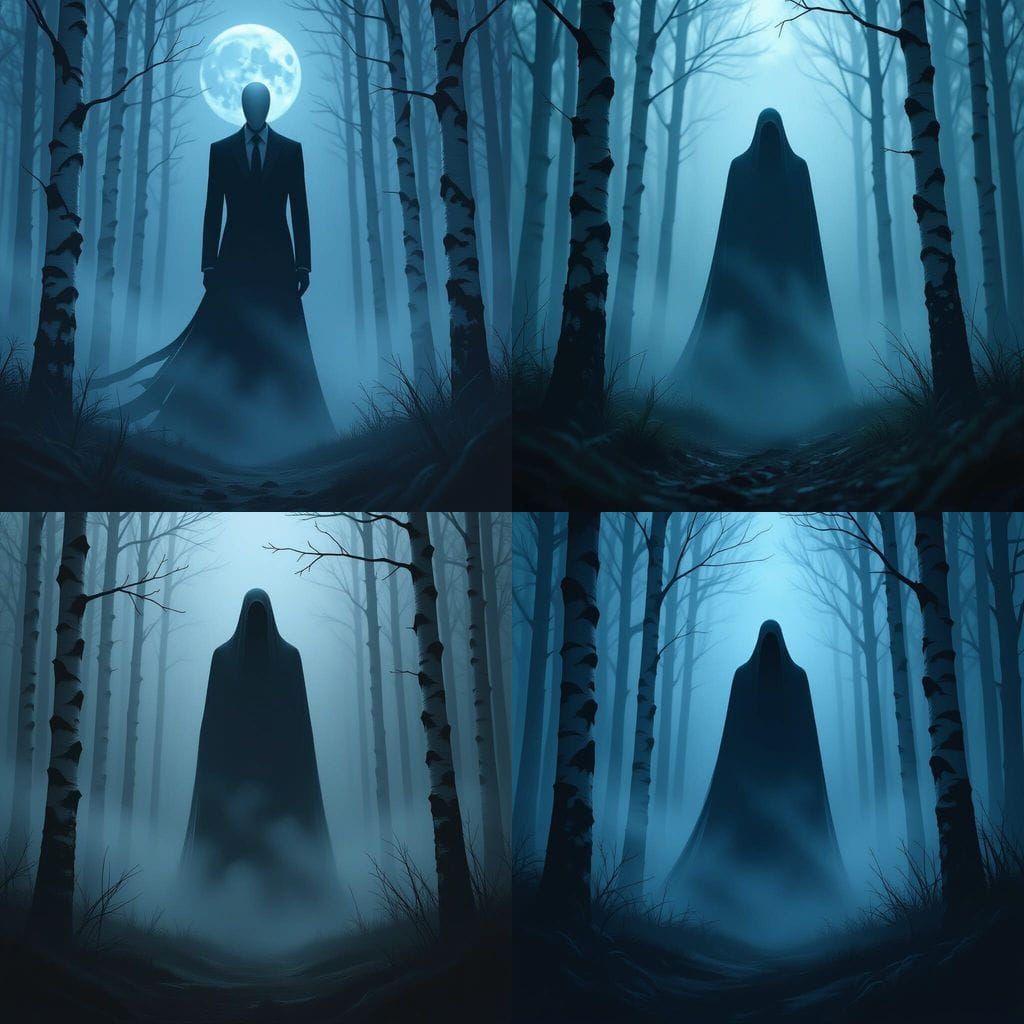Slenderman Emerges from Foggy Birchwood Forest at Night