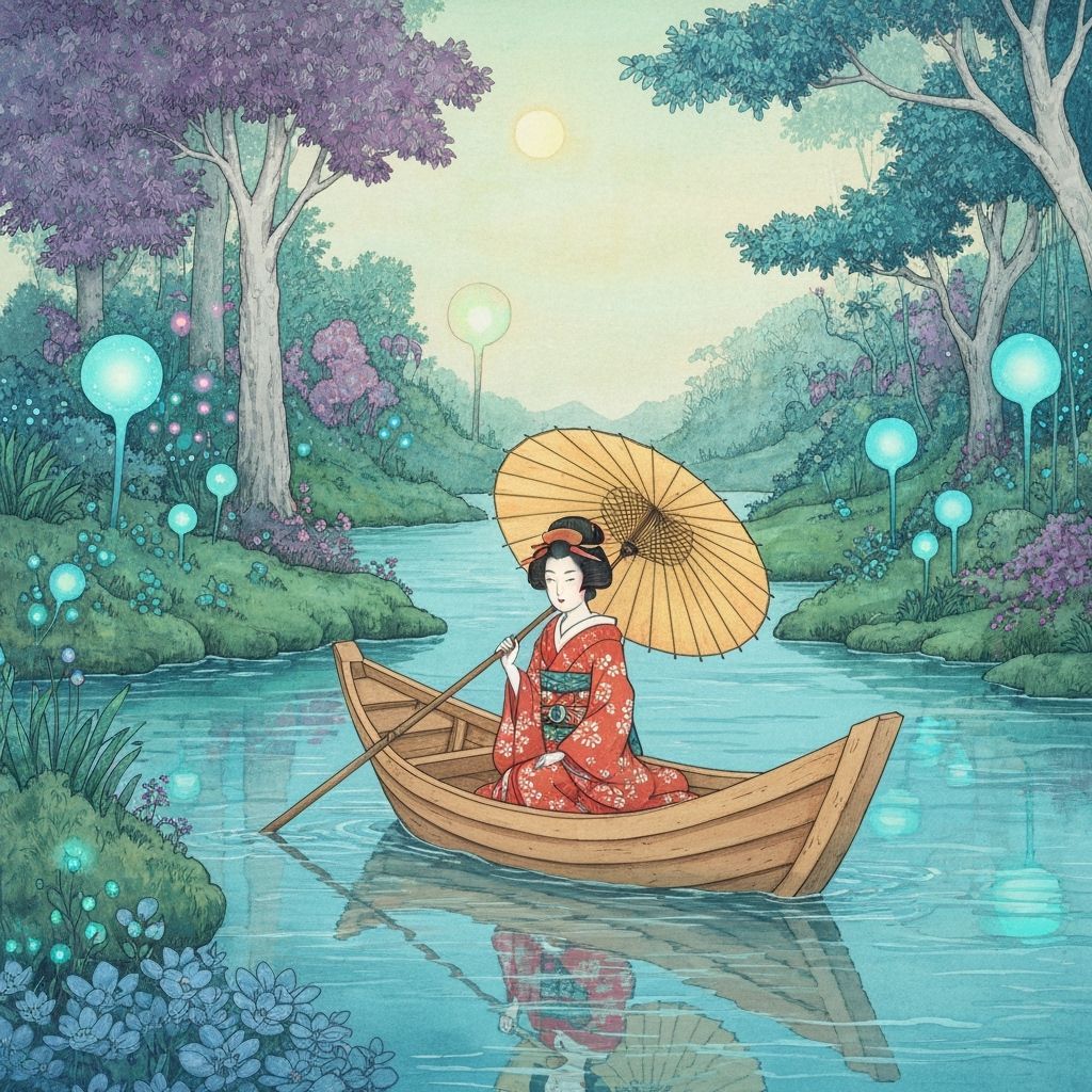 Geisha in Dreamlike Forest on River