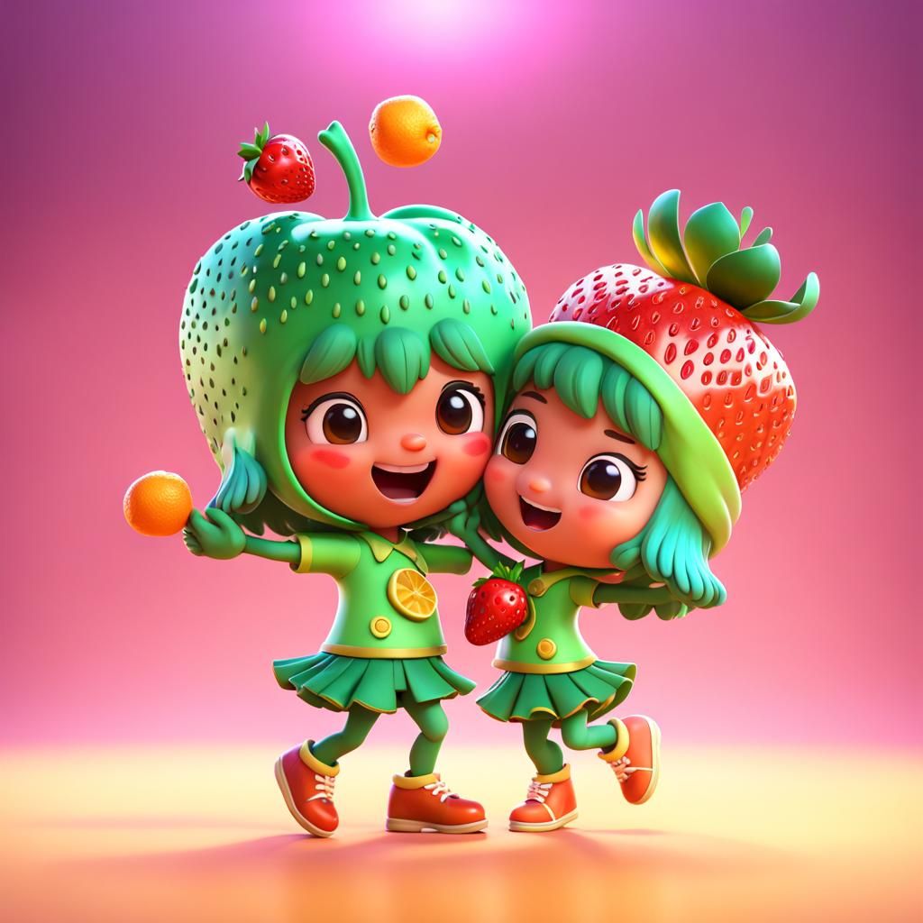 Chibi Strawberry and Kumquat Dancing: 3D Digital Art