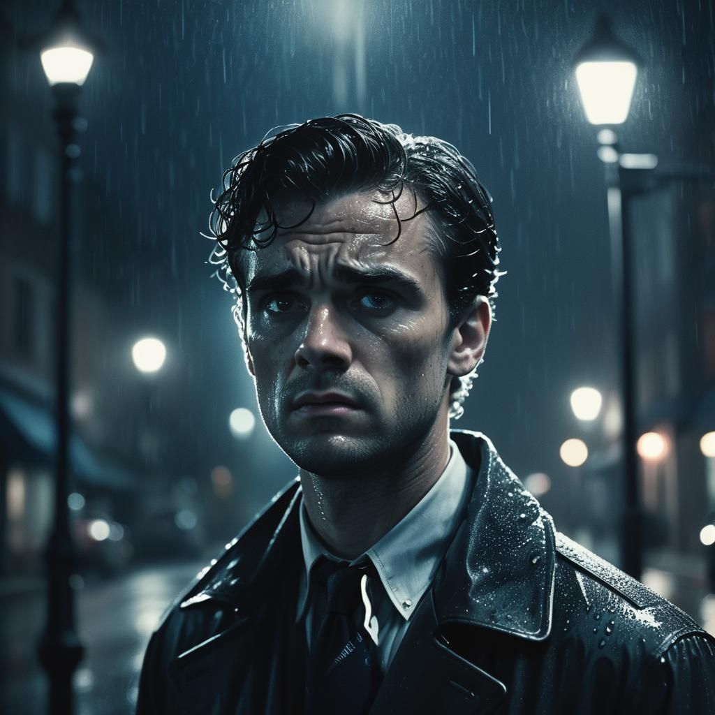 Worried Man in Rainy Street: A Film Noir Scene