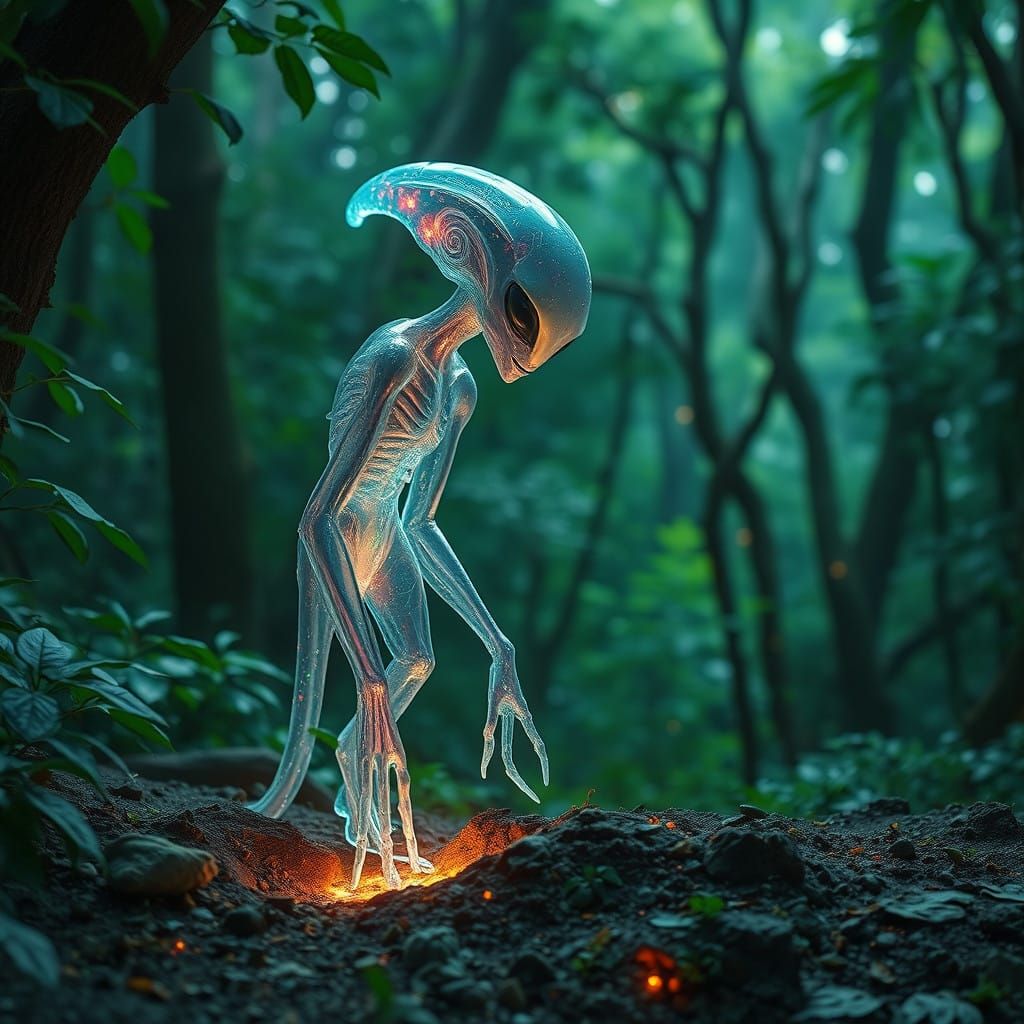 Ethereal Alien Discovers Glowing Soil in Lush Forest