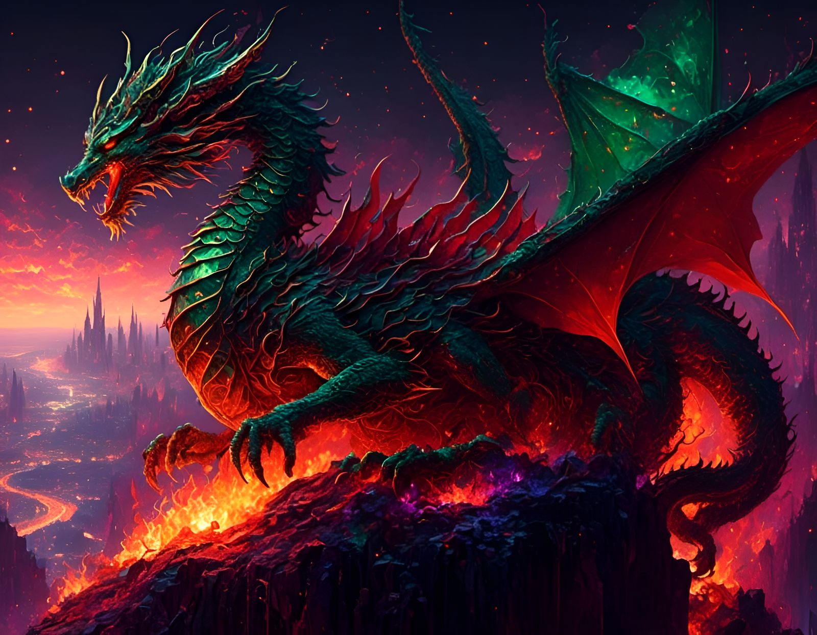 Elegant Dragon Amidst Flames in Dark Fantasy Art