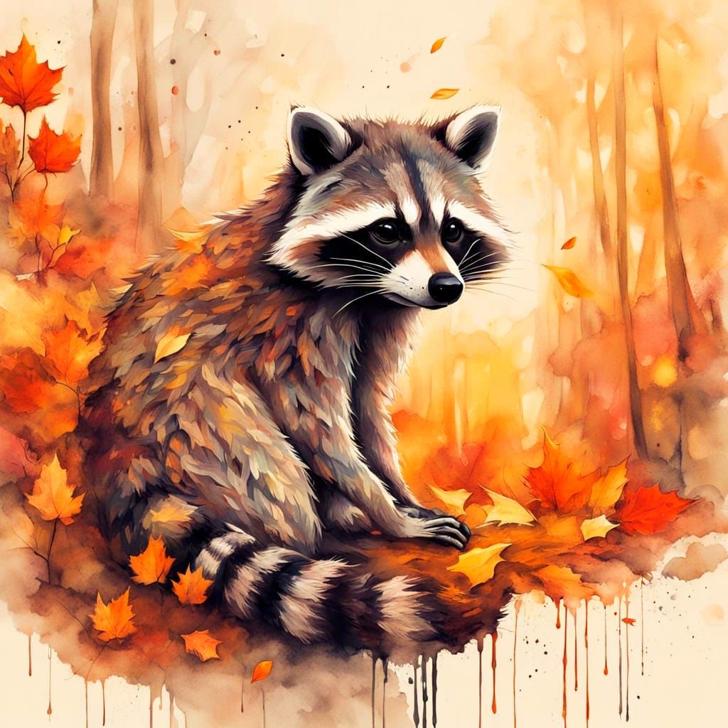 Raccoon in Autumn Forest, Hybrid Style