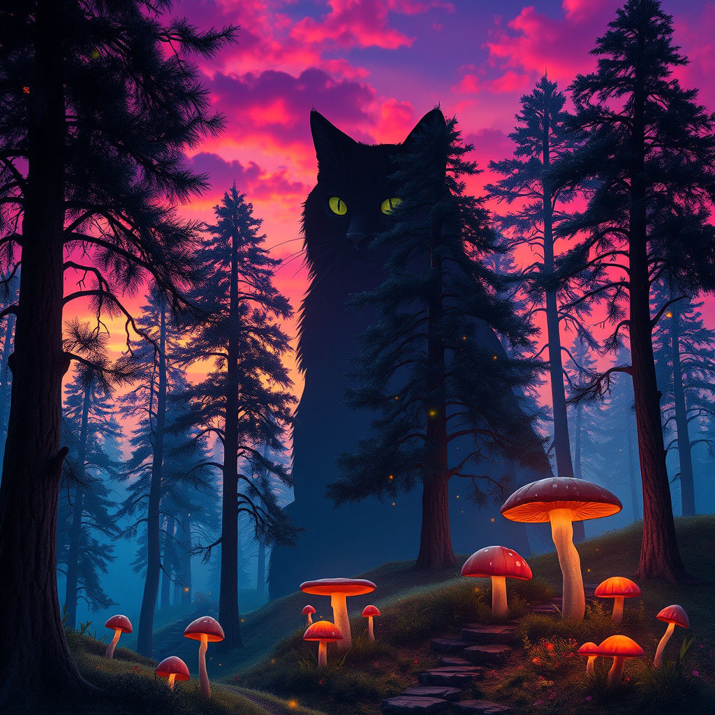 Majestic Cat in Whimsical Forest Landscape