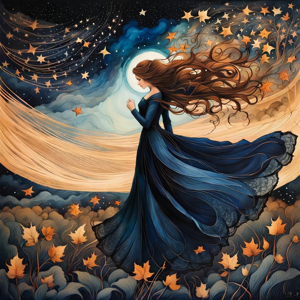 Wind-Swept Leaves Dance Across Starry Sky