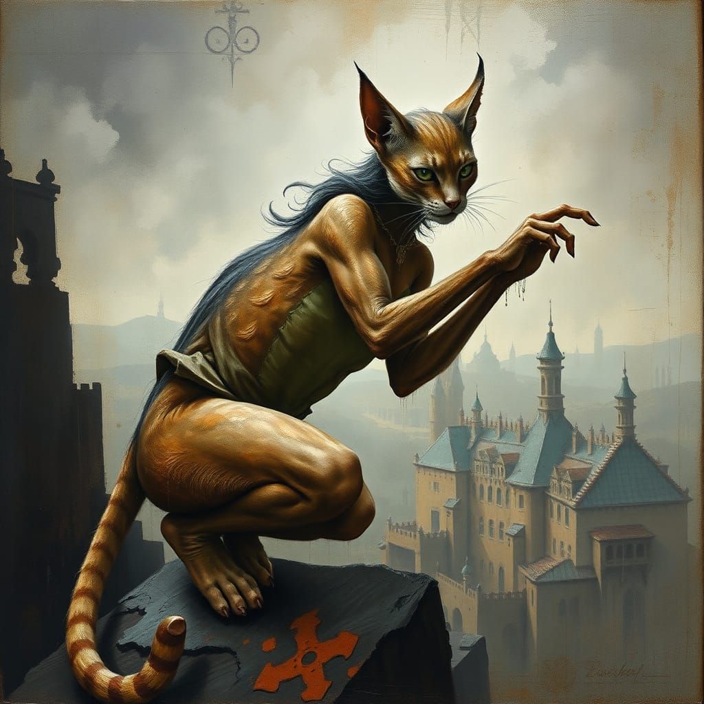 Feline Elf in Cityscape: Impasto Art Deco Surrealism