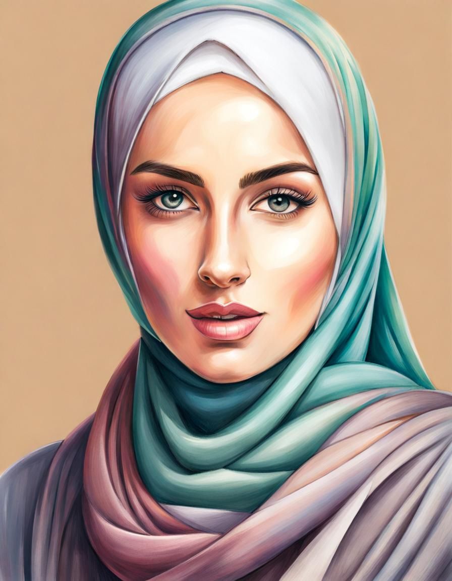 Beautiful Hijabi Woman in Colored Pencil Drawing