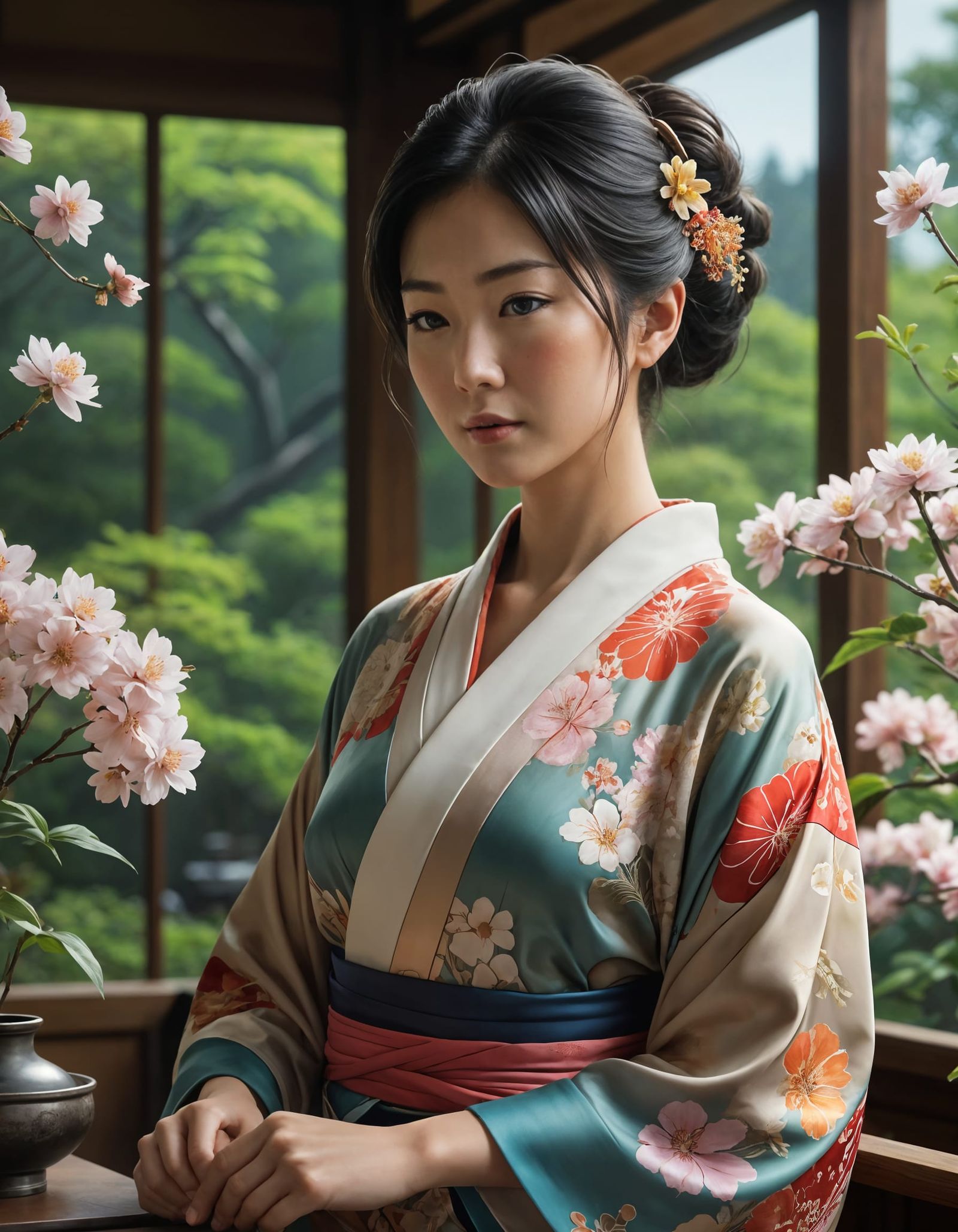 Ethereal Japanese Ikebana Florist in Hyperrealistic Bloom