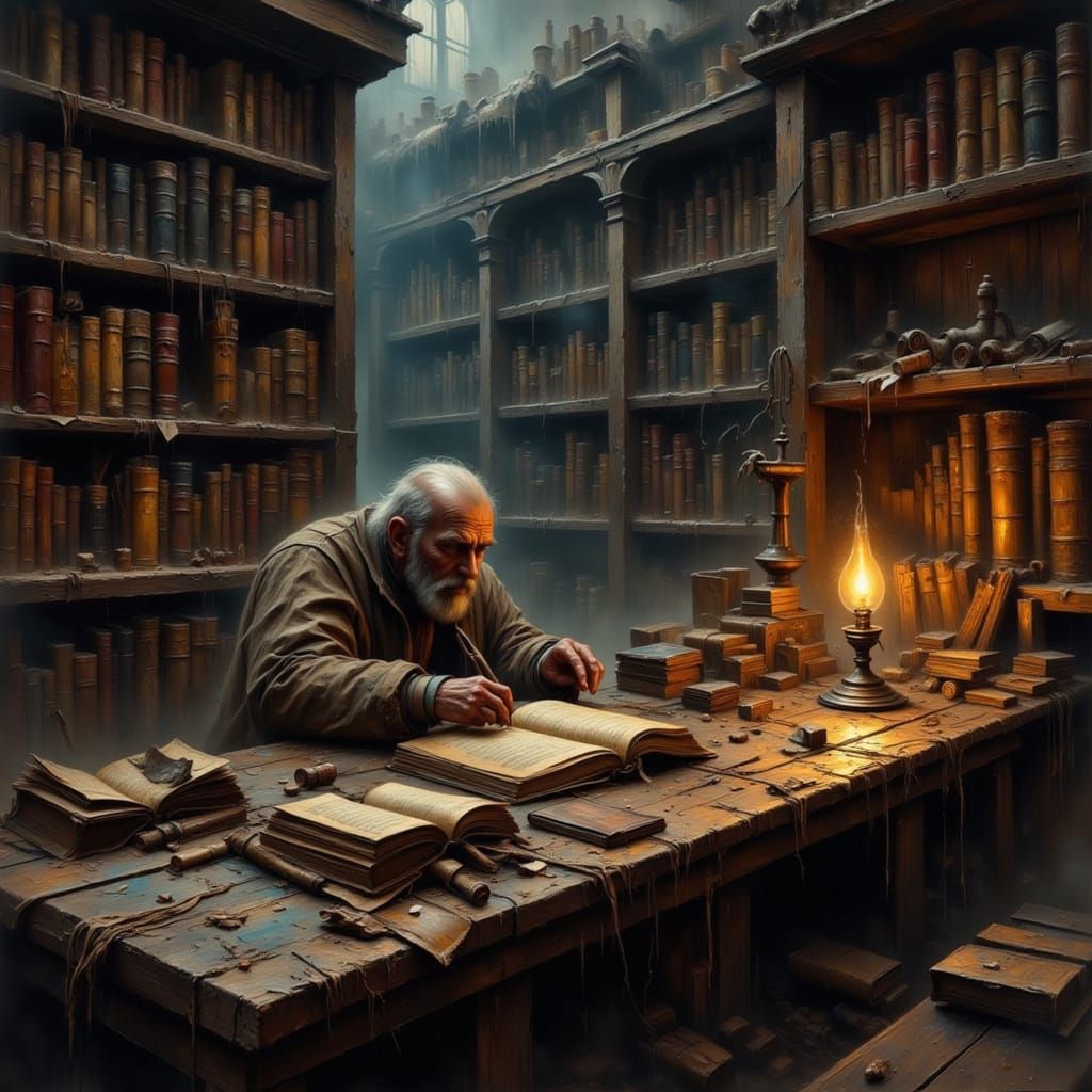 Lone Figure Reading in Ancient Library, Realistic Painting