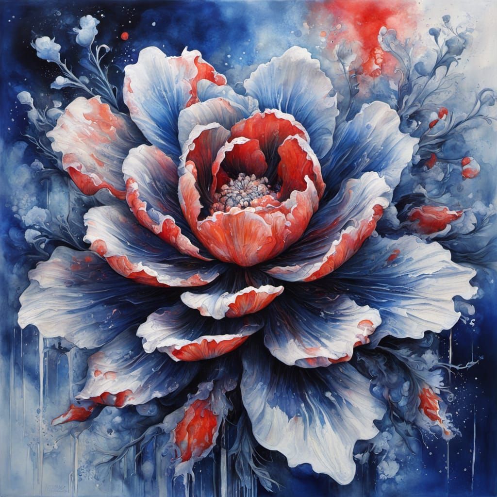 Cyber Vermilion Frosty Abstract Floral Painting